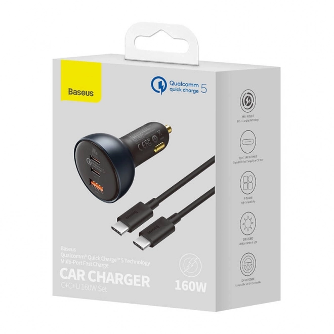 Ładowarka samochodowa Baseus Qualcomm, USB, 2x USB-C, 160 W (szara)