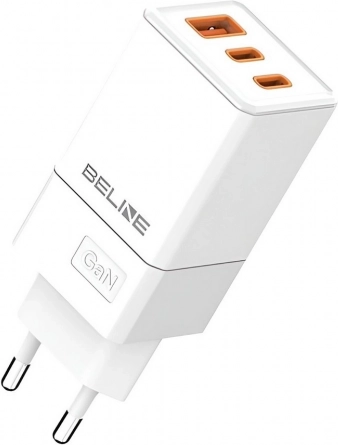 Ładowarka sieciowa 65 W GaN z 2× USB‑C i USB‑A, biała