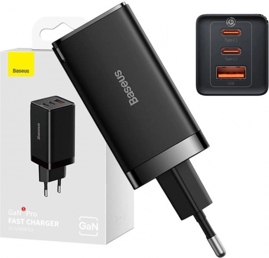 Ładowarka ścienna Baseus GaN5 Pro 65 W, 2× USB‑C + USB (czarna)