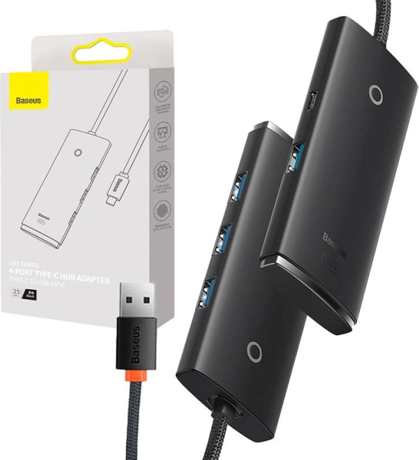 Adapter USB-C Baseus OS-Lite z 4 portami USB 25 cm czarny