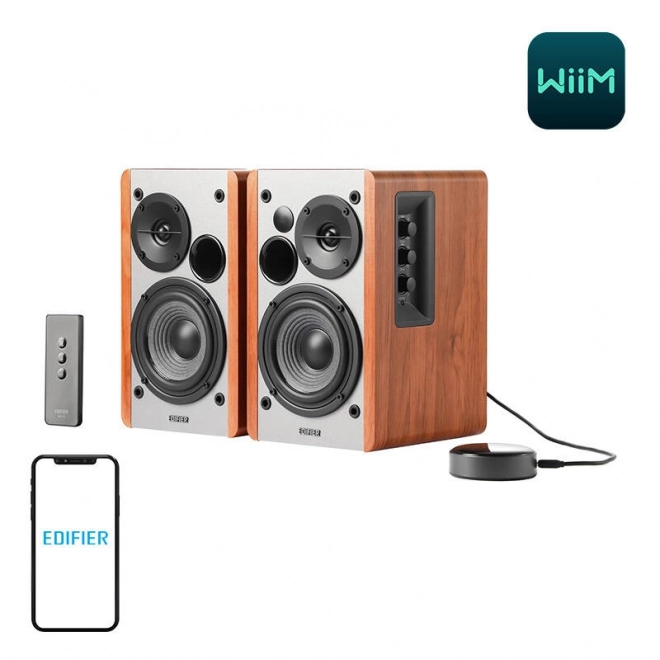 Głośniki Edifier R1280T z WiiM Mini w brązowym kolorze