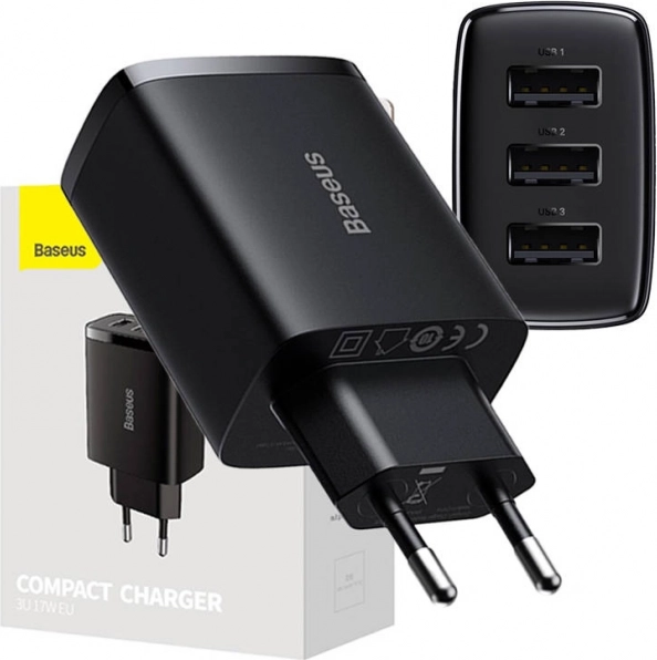 Sieciowa szybka ładowarka BASEUS 17 W, 3× USB, czarna