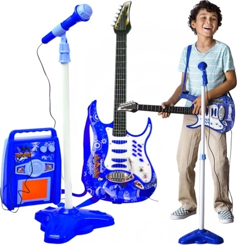 Dziecięca elektryczna gitara z mikrofonem i wzmacniaczem – niebieski zestaw
