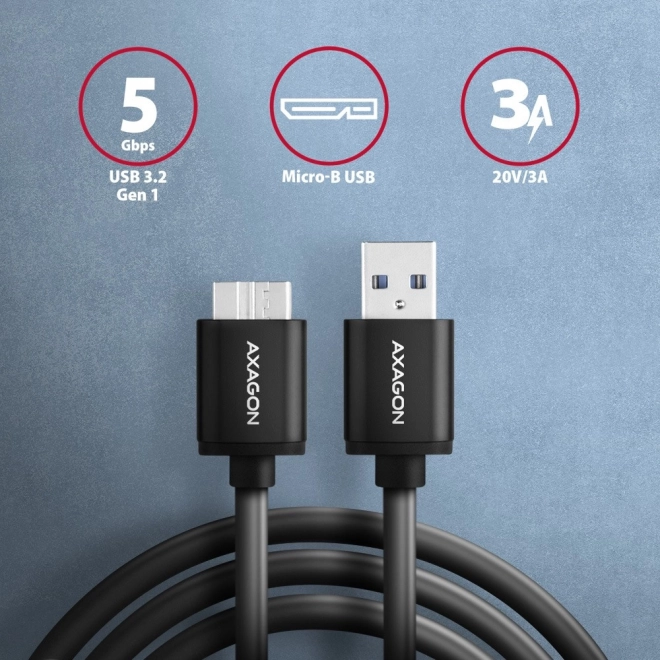 Kabel AXAGON Micro-B USB do USB-A 3.2 Gen 1, 1m, 3A, ALU, PVC, czarny