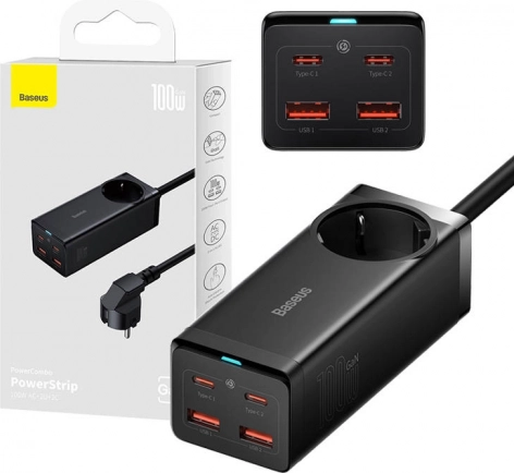 Baseus GaN3 Pro listwa zasilająca i ładowarka 100 W, 2× USB‑C + 2× USB + AC (czarna)