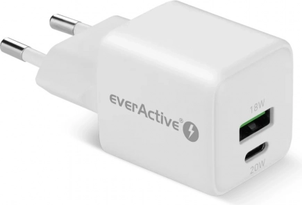 Ładowarka sieciowa GaN 1x USB, 1x USB‑C 20W QC3.0 biała