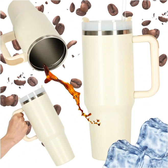 Kremowy termos ze słomką i uchem 1200 ml