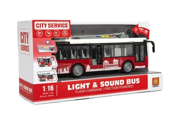 Autobus/trolejbus plastikowy 28cm na mechanizm bezwładnościowy na bat. ze światłem z dźwiękiem w pudełku 32x17x11cm