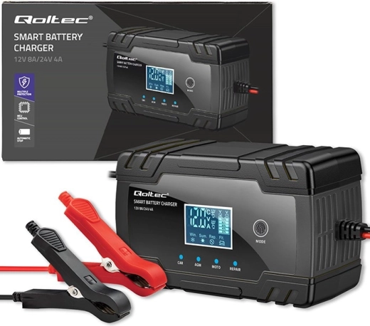 inteligentna ładowarka akumulatorów 12V/24V z LCD i funkcją naprawy – Qoltec
