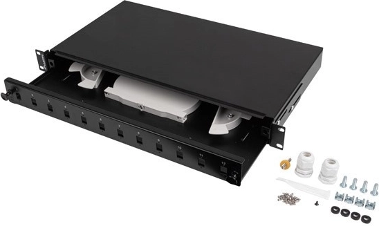 Panel krosowy światłowodowy 19'' 1U, 12× SC simplex / 12× LC duplex, wysuwany, czarny + akcesoria