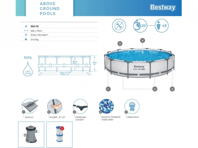 Bestway Steel Pro Max basen 6,473L 366x76 cm z pompą i filtrem