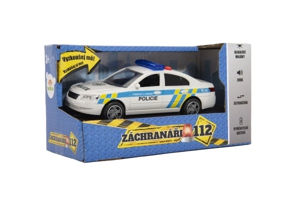 Auto policyjne plastikowe 15cm na baterie z dźwiękiem i światłem na napęd w pudełku 20x11x9cm