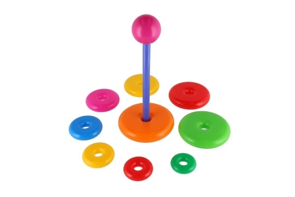 Piramidka składanka z plastikowymi krążkami 28cm assort 2 rodzaje w siatce 12m+