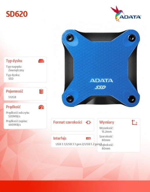 Zewnętrzny dysk SSD ADATA SD620 512GB Niebieski