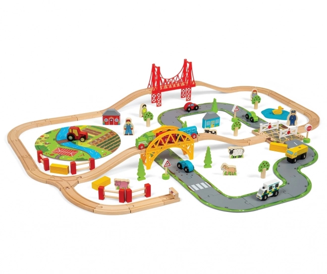 Bigjigs Rail Drewniana kolejka z wiejską drogą 80 części