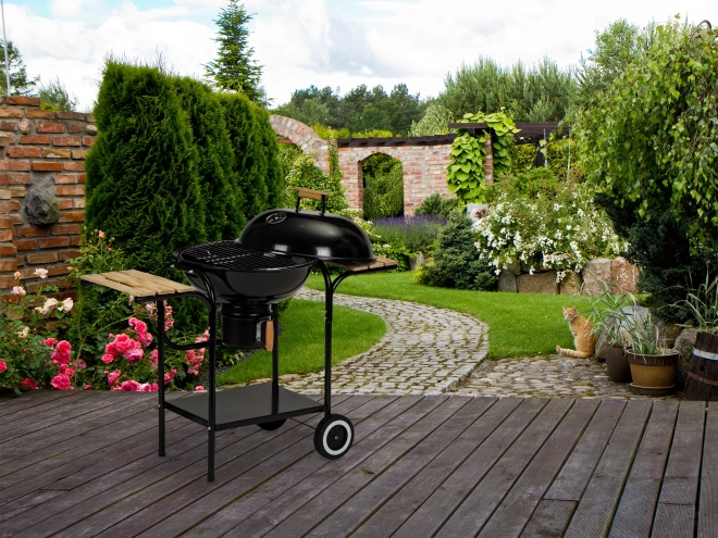 Grill ogrodowy na węgiel drzewny z pokrywką i półkami, rusztem i pojemnikiem na popiół