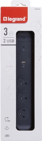 przedłużacz przeciwprzepięciowy rozdzielacz 3 gniazda z USB A/C, 1,5 m, czarny