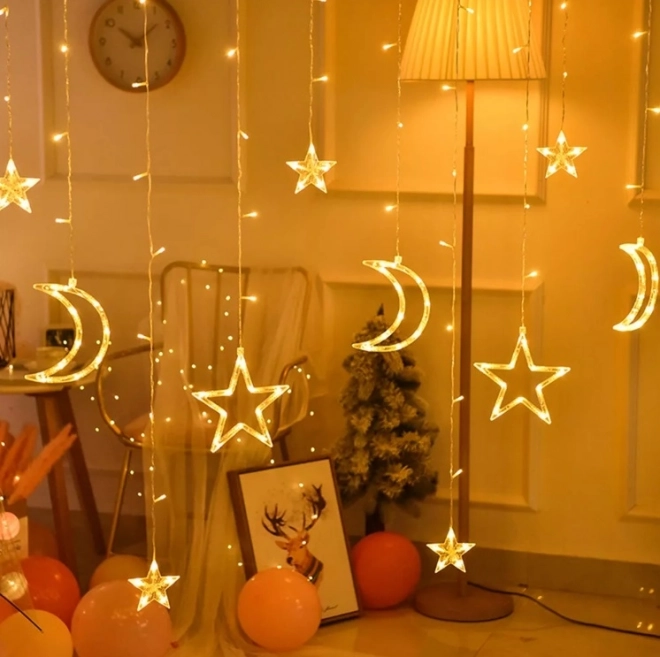 Zasłona LED ciepła biała z gwiazdami i księżycami - 2,5 m, 138 LED