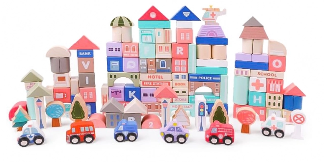 Drewniane edukacyjne klocki miasto z podkładką 115 sztuk ECOTOYS