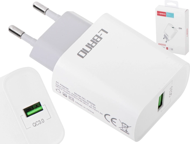 Ładowarka sieciowa USB 15 W z szybkim ładowaniem QC 3.0 L-BRNO biała