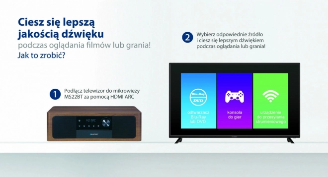 Mikrofon wszystko w jednym Bluetooth, HDMI ARC, wejście optyczne CD/MP3/USB/AUX Zegar/Budzik