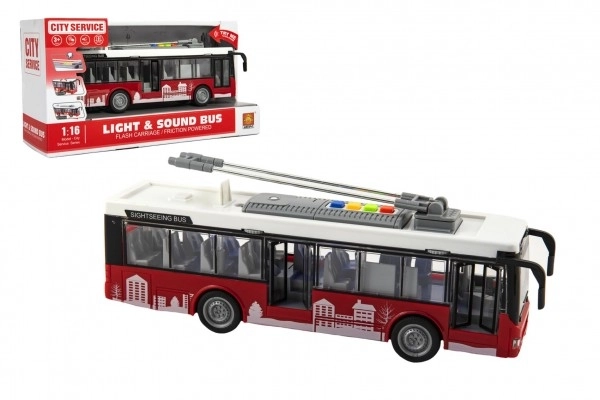 Autobus/trolejbus plastikowy 28cm na mechanizm bezwładnościowy na bat. ze światłem z dźwiękiem w pudełku 32x17x11cm