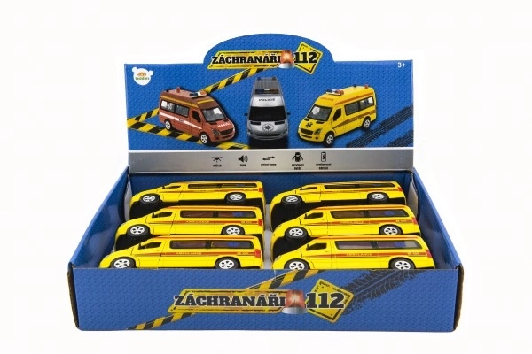 Auto ambulans metalowo/plastikowe 15cm na baterie ze światłem i dźwiękiem na mechanizm cofania 6 sztuk w pudełku