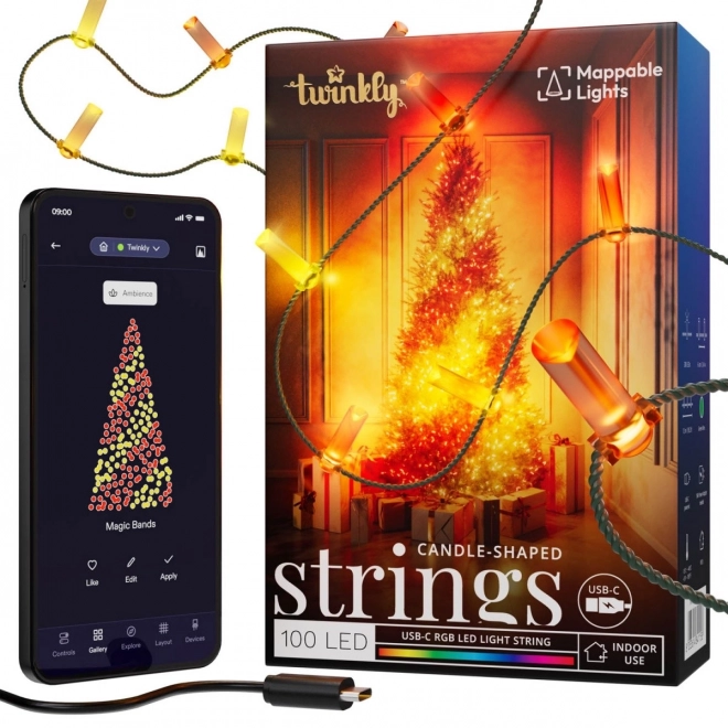 Łańcuchy inteligentnych światełek dekoracyjnych USB-C (Candies) 100 LED RGB, świeczki, zielony kabel, 6 m