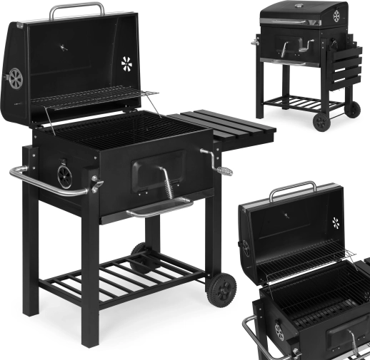 duży ogrodowy grill na węgiel drzewny z pokrywą, termometrem i półkami