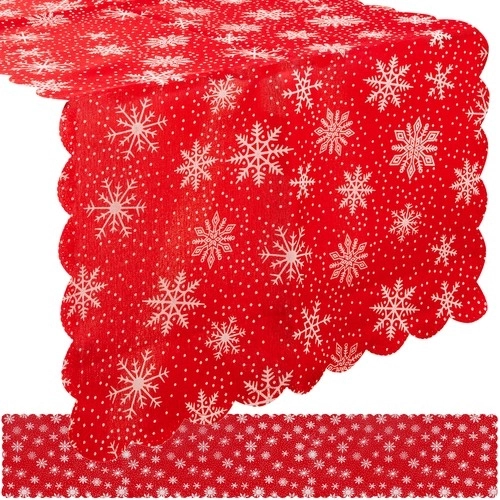 Długi czerwony obrus świąteczny z białymi śnieżynkami 220 x 35 cm