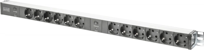 PDU listwa zasilająca 19" RACK, 12x gniazdo Schuko, 2x wtyczka Unischuko 2 m, 16 A, zabezpieczenie przeciwprzeciążeniowe, profil aluminiowy