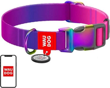 Nylonowa obroża dla psów z kodem QR WAU DOG gradient, fioletowa, rozmiar L