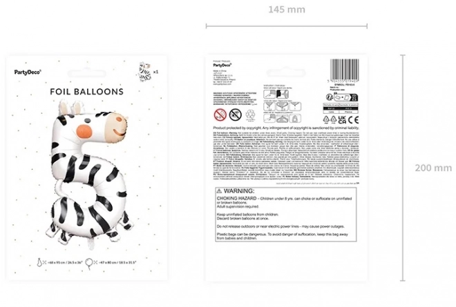 Balon foliowy cyfra 5 – zebra 42 × 81 cm