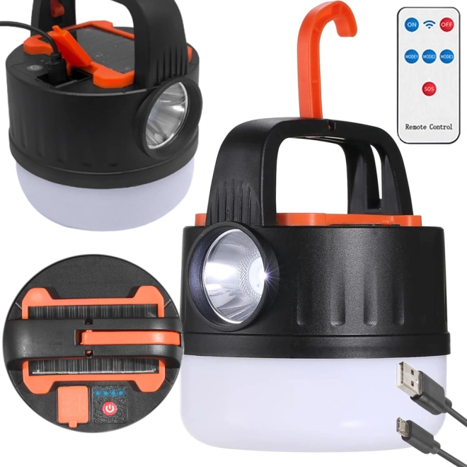Ładowalna solarna lampa LED do biwakowania z USB i hakiem