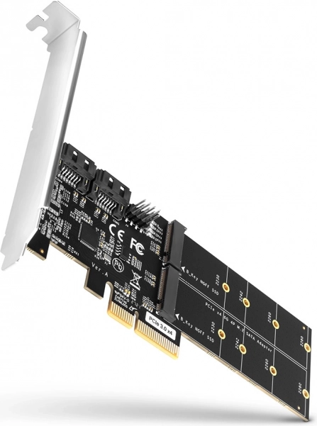 Kontroler PCIe AXAGON z 2× SATA 6G i 2× wewnętrznymi gniazdami M.2 B‑key SATA, SP i LP