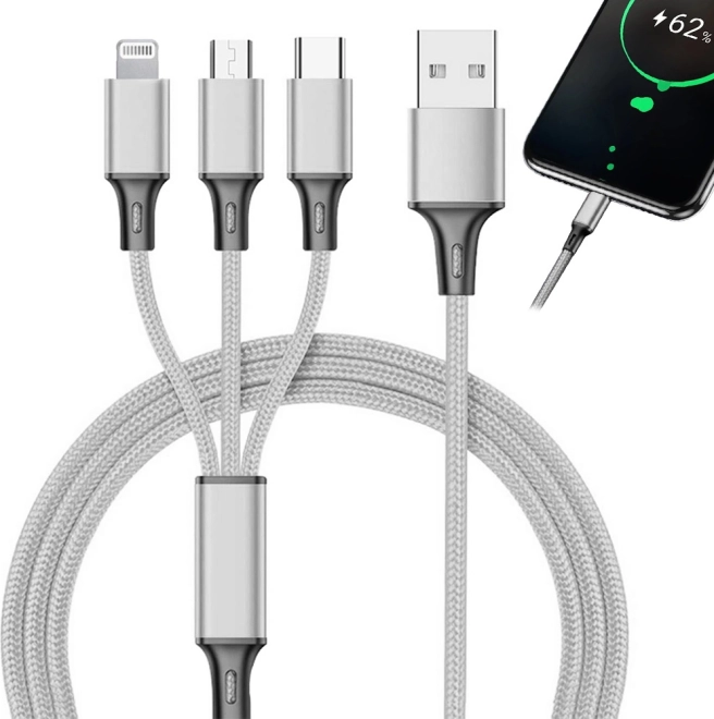 Uniwersalny kabel ładujący 3 w 1 z wtykami Lightning, Micro USB i USB‑C 1,2 m – Srebrny