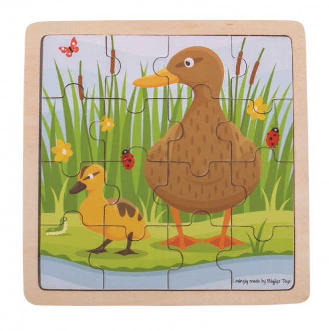 Drewniane puzzle ramkowe BIGJIGS TOYS kaczuszka z kaczątkiem – 16 elementów