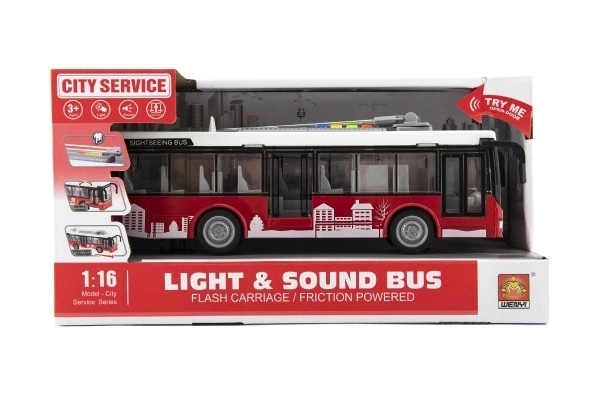 Autobus/trolejbus plastikowy 28cm na mechanizm bezwładnościowy na bat. ze światłem z dźwiękiem w pudełku 32x17x11cm
