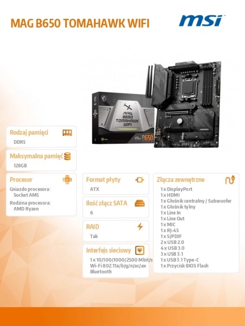 Płyta główna MAG B650 Tomahawk WiFi AM5 4DDR5 HDMI/DP ATX