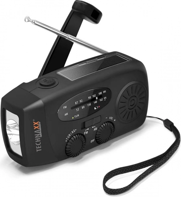 Solarne radio awaryjne AM/FM z korbką i latarką LED TECHNAXX