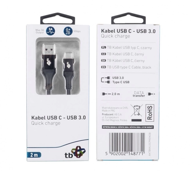 USB kabel USB 3.0 - USB-C 2m Premium 3A czarny