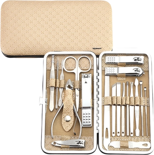 Zestaw do manicure i pedicure w etui, beżowy, 20 elementów
