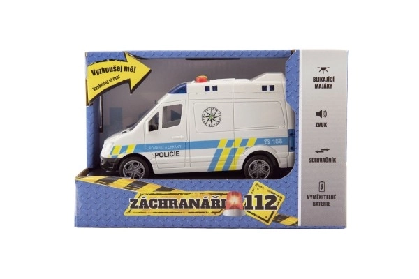 Samochód policyjny dostawczy plastikowy 15cm na napęd z kołem zamachowym na baterie z dźwiękiem i światłem w pudełku 19x13x9cm