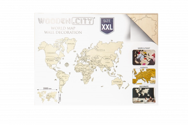 Drewniana mapa ścienna 3D świata XXL, naturalne kolory