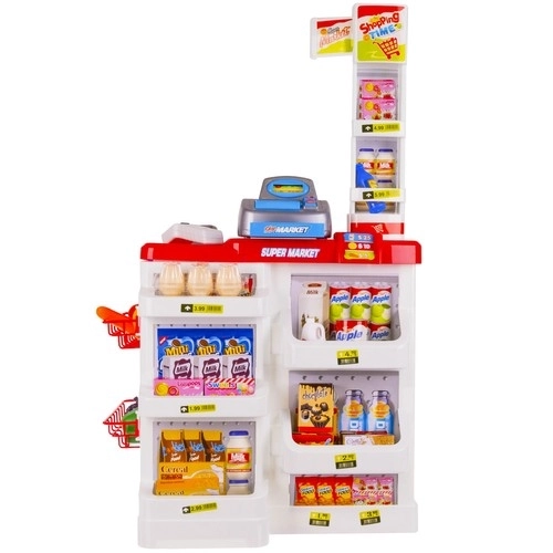 Supermarket z kasą, koszykiem na zakupy i dodatkami
