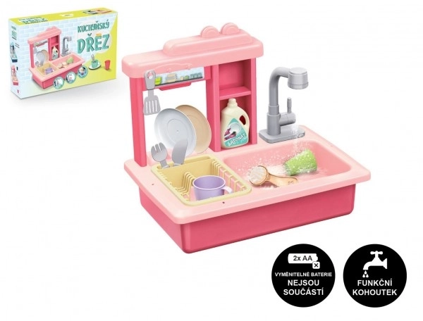 Zlew do mycia naczyń różowy + kran na wodę na baterie plastik z dodatkami w pudełku 46x28x12cm