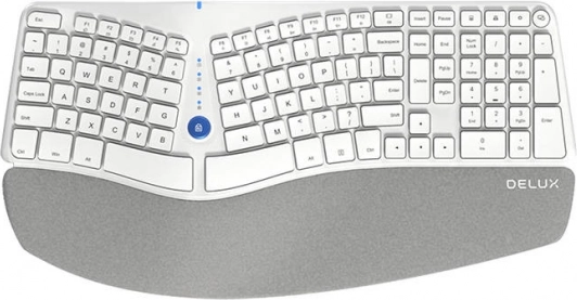 Bezprzewodowa ergonomiczna klawiatura Delux z podpórką nadgarstków (biała)