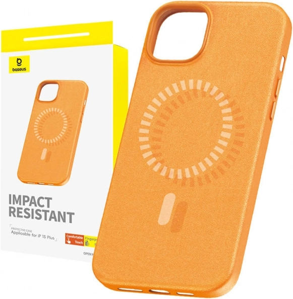 Magnetyczne etui BASEUS fauxther do iPhone 15 Plus (pomarańczowe)