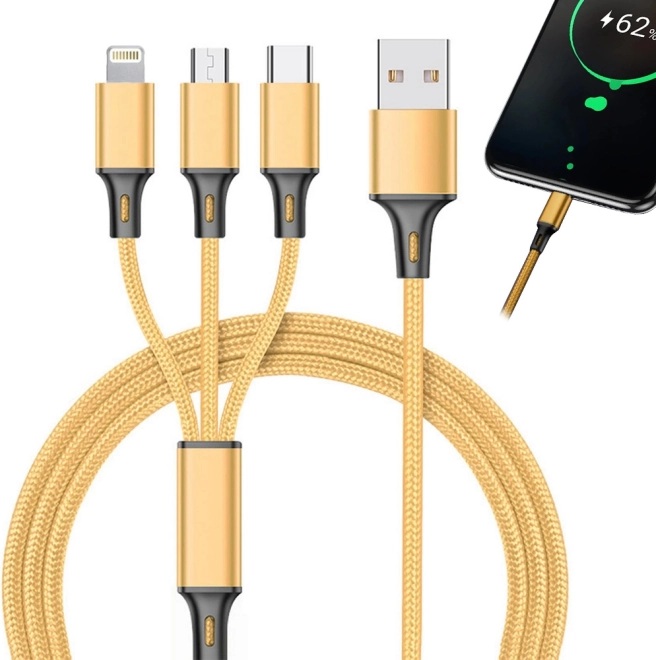 Uniwersalny kabel ładujący 3 w 1 z wtykami Lightning, Micro USB i USB‑C 1,2 m – Złota