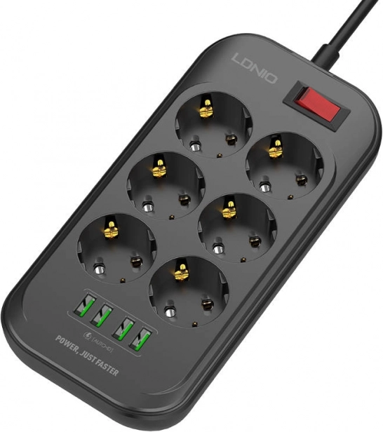 Listwa zasilająca LDNIO z 6 gniazdami i 4 portami USB, 2m czarna